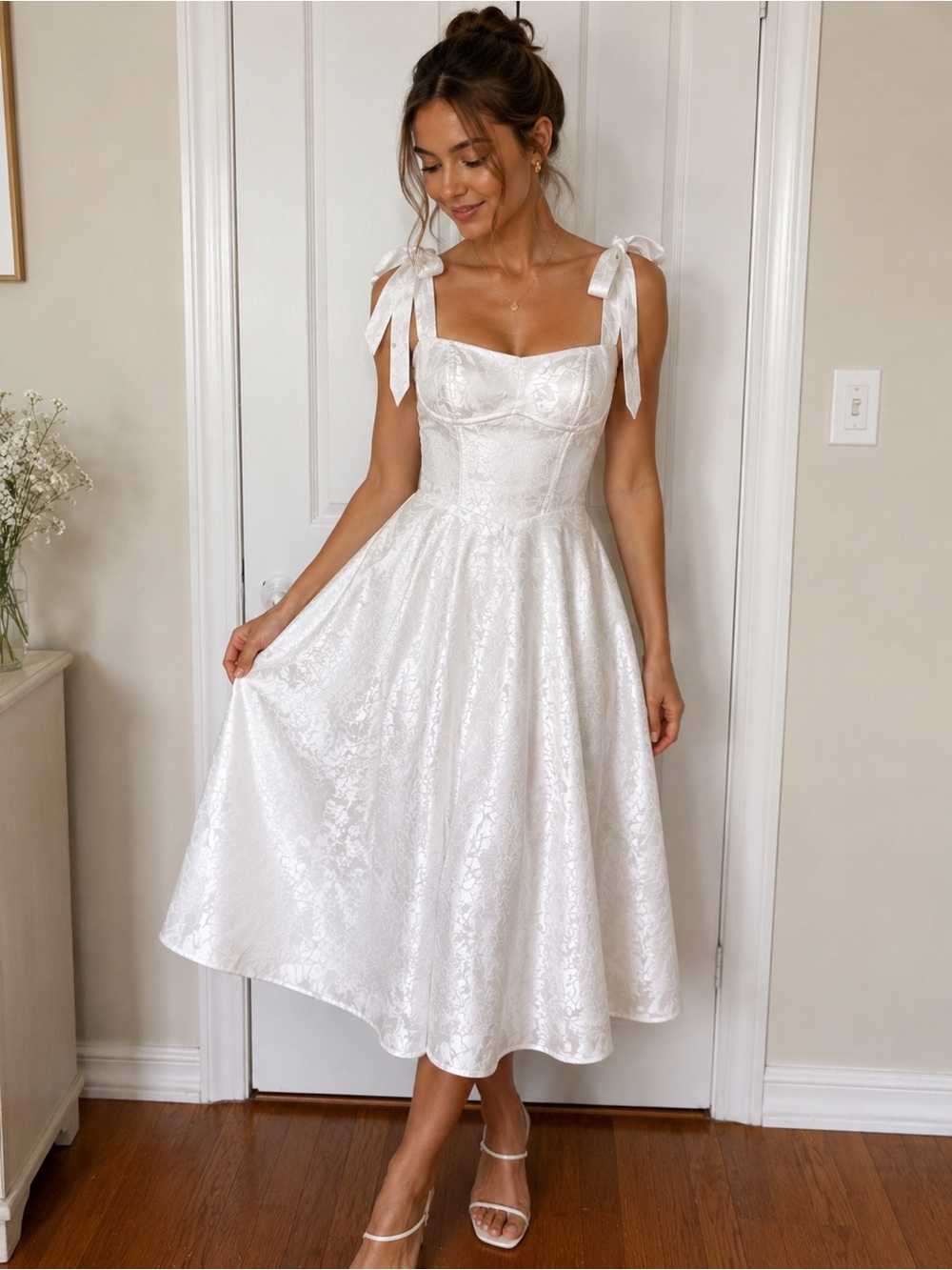 White Floral Jacquard Tie-Shoulder Midi Dress